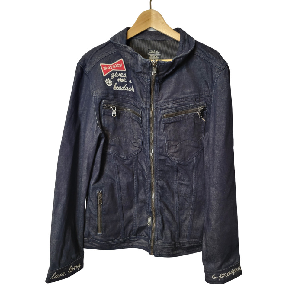Cult Of Individuality Blue Denim Full Zip Embroidered Money Men's Jacket 3XL
